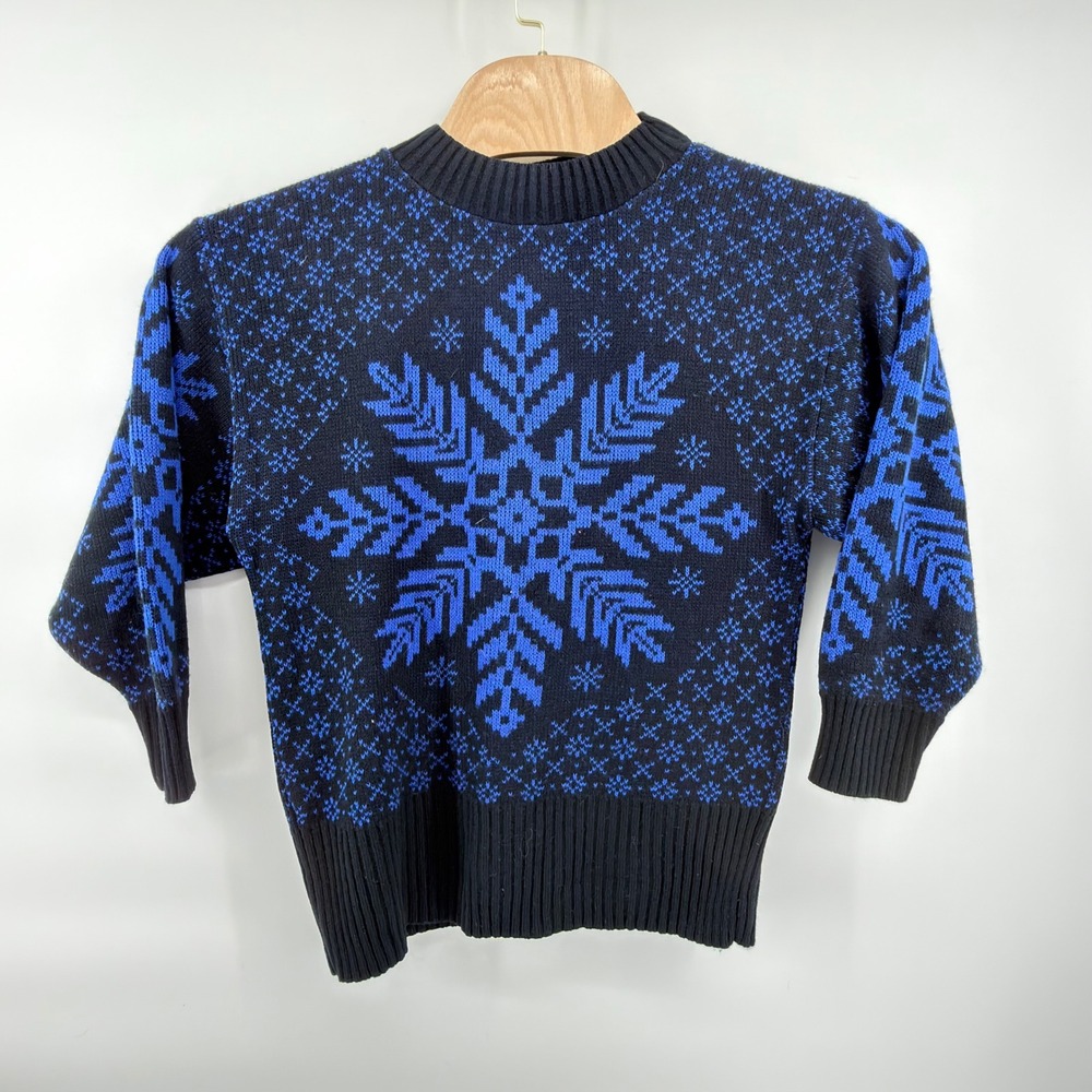 Garland Sweater Womens 18 Black Blue Snowflake Vintage Crewneck USA Made